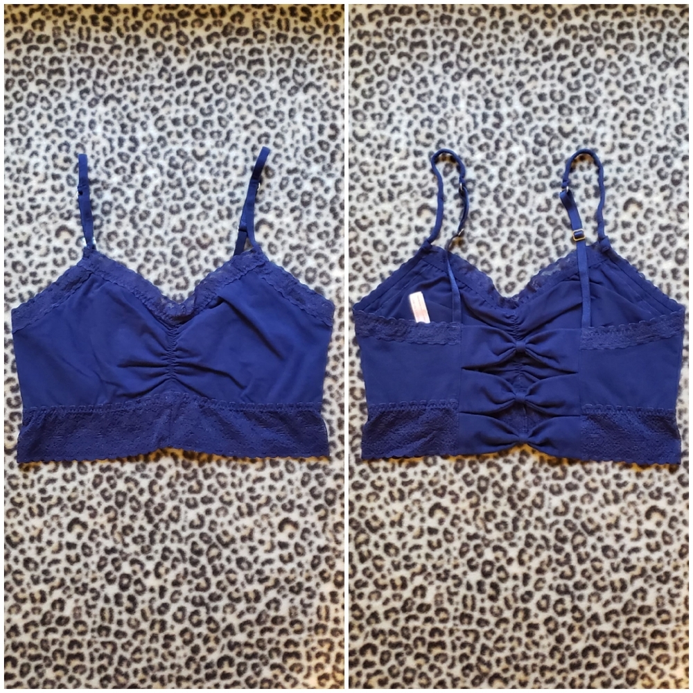 2014 Victoria's Secret Bow Back Lace Trim Longline Bralette Bra, L, Navy Cotton